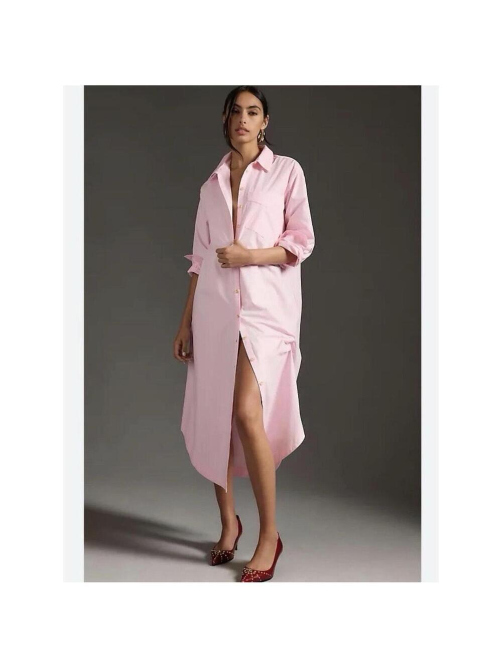 Anthropologie Maeve Soren Long Sleeve Shirt Dress Pink Coastal Resort Size XL